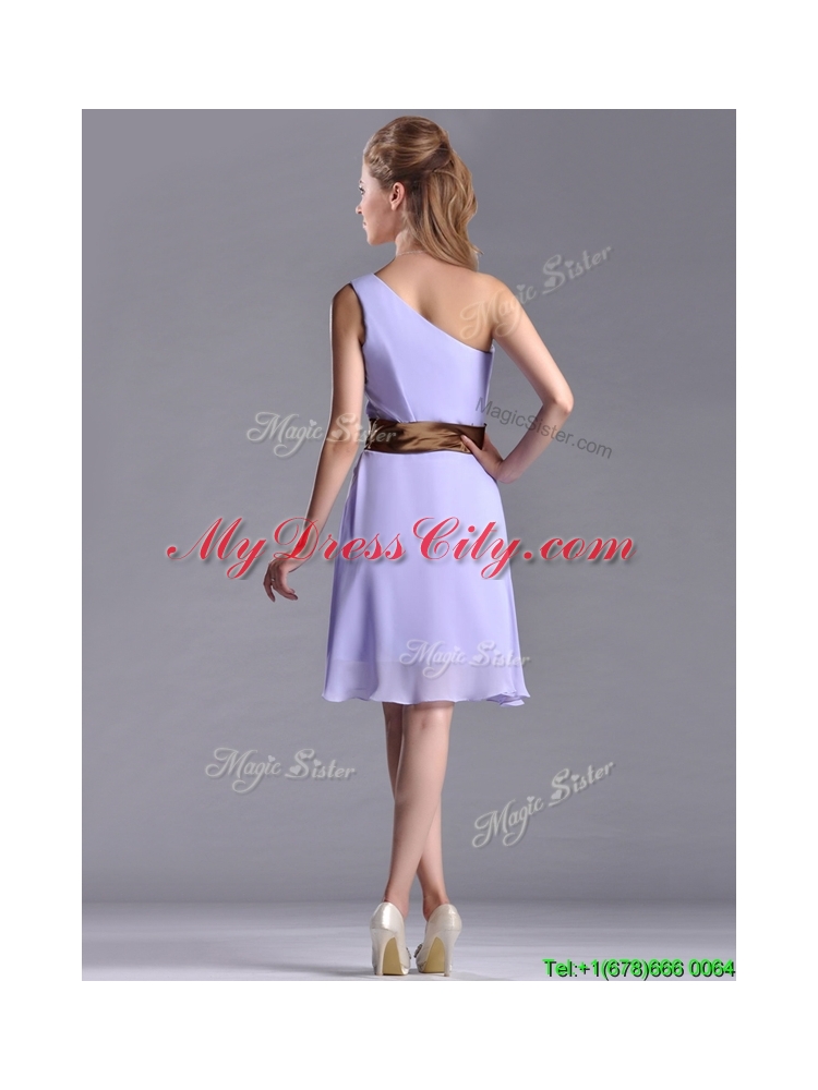 Exclusive One Shoulder Lavender Short Dama Dress with Brown Belt