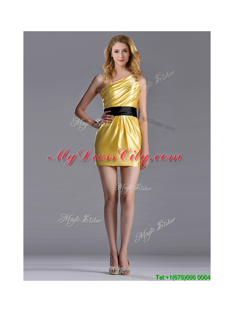 Exclusive One Shoulder Ruched and Belted Dama Dress with Side Zipper