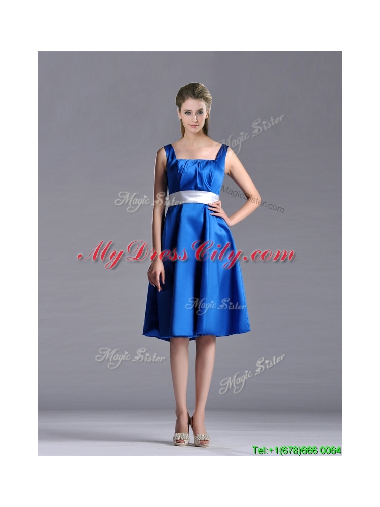 Exquisite Empire Square Taffeta Blue Prom Dress with White Belt