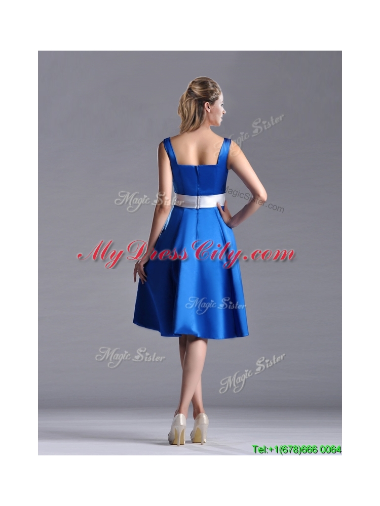 Exquisite Empire Square Taffeta Blue Prom Dress with White Belt