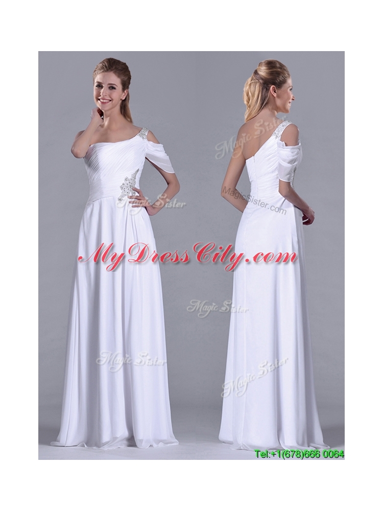 Fashionable Empire One Shoulder Beaded White Long White Dama Dress for Holiday