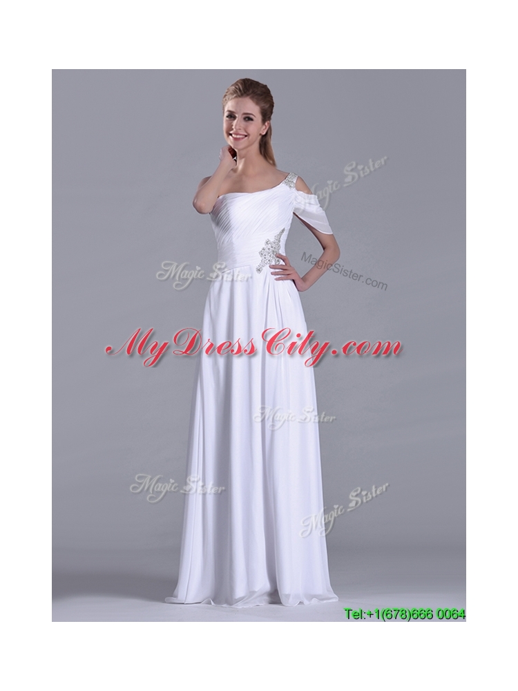 Fashionable Empire One Shoulder Beaded White Long White Dama Dress for Holiday