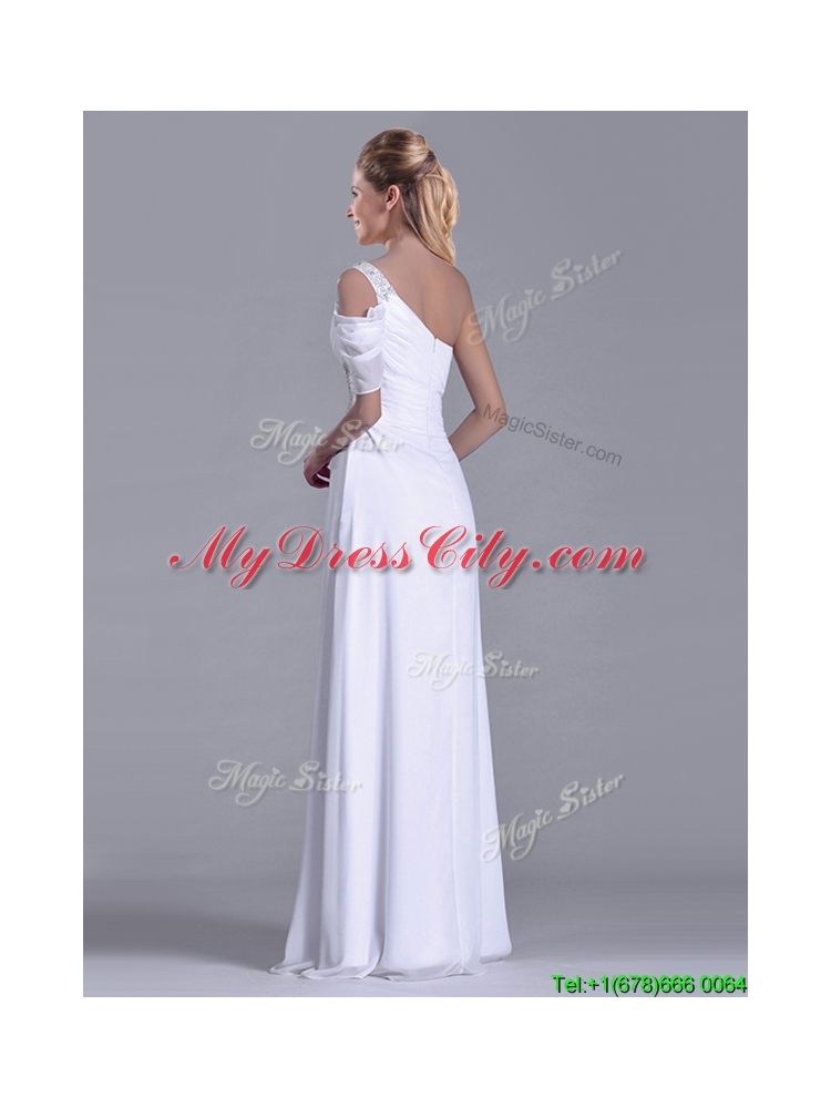 Fashionable Empire One Shoulder Beaded White Long White Dama Dress for Holiday