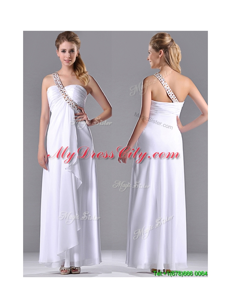 Fashionable Empire One Shoulder Chiffon Side Zipper White Bridesmaid  Dress with Beading