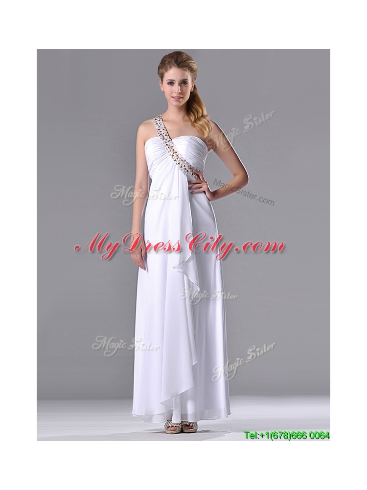 Fashionable Empire One Shoulder Chiffon Side Zipper White Bridesmaid  Dress with Beading