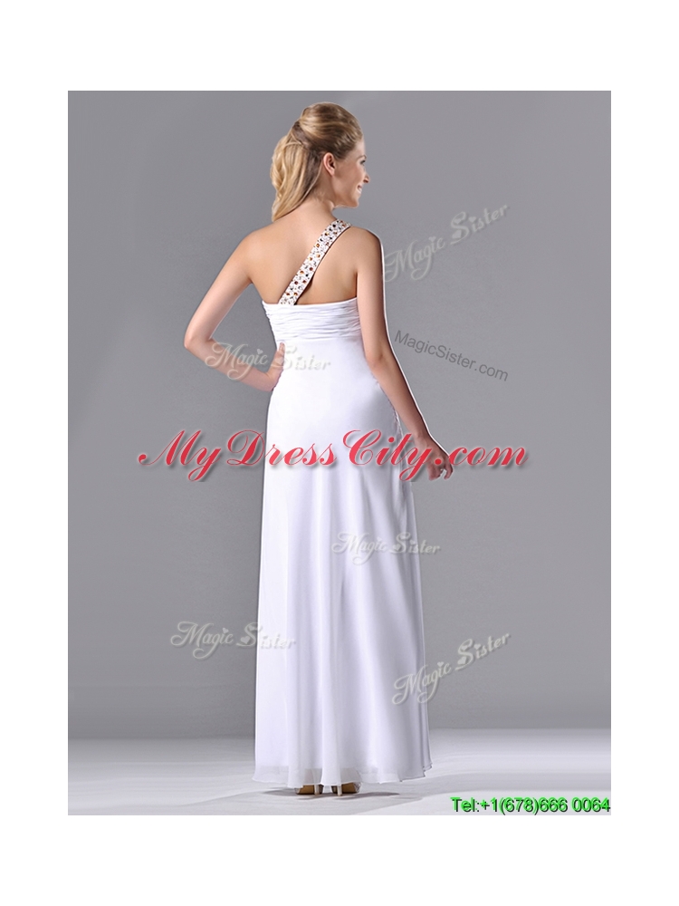 Fashionable Empire One Shoulder Chiffon Side Zipper White Bridesmaid  Dress with Beading