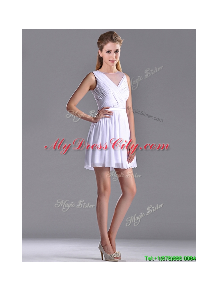 Fashionable See Through Scoop White Bridesmaid Dress with Ruching