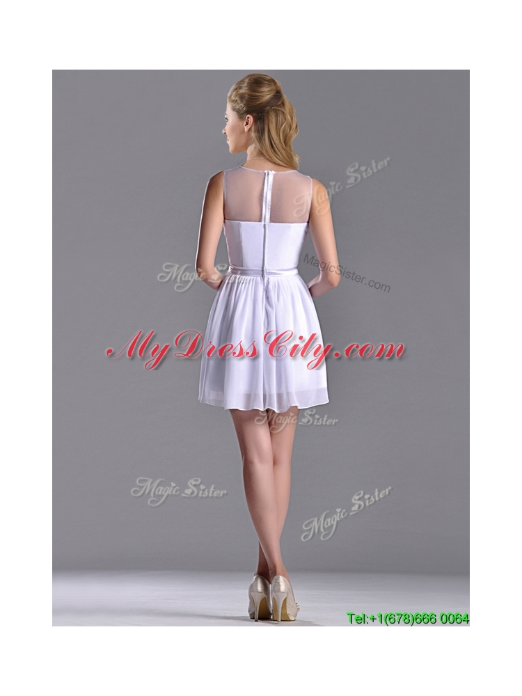 Fashionable See Through Scoop White Bridesmaid Dress with Ruching