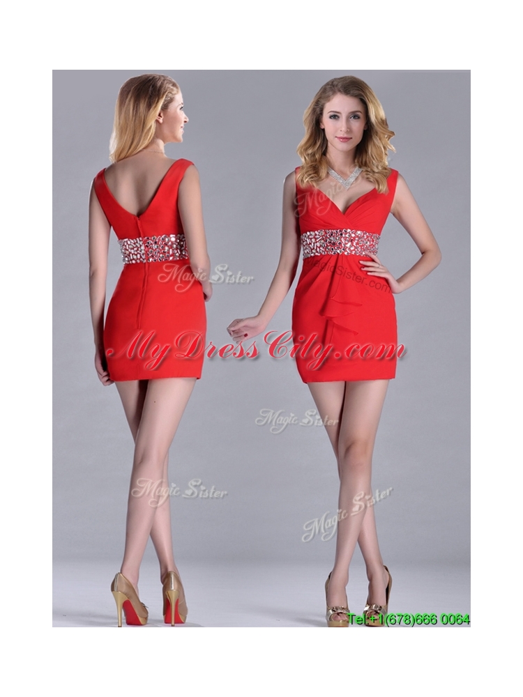 Hot Sale Beaded Decorated Waist V Neck Prom Dress in Red