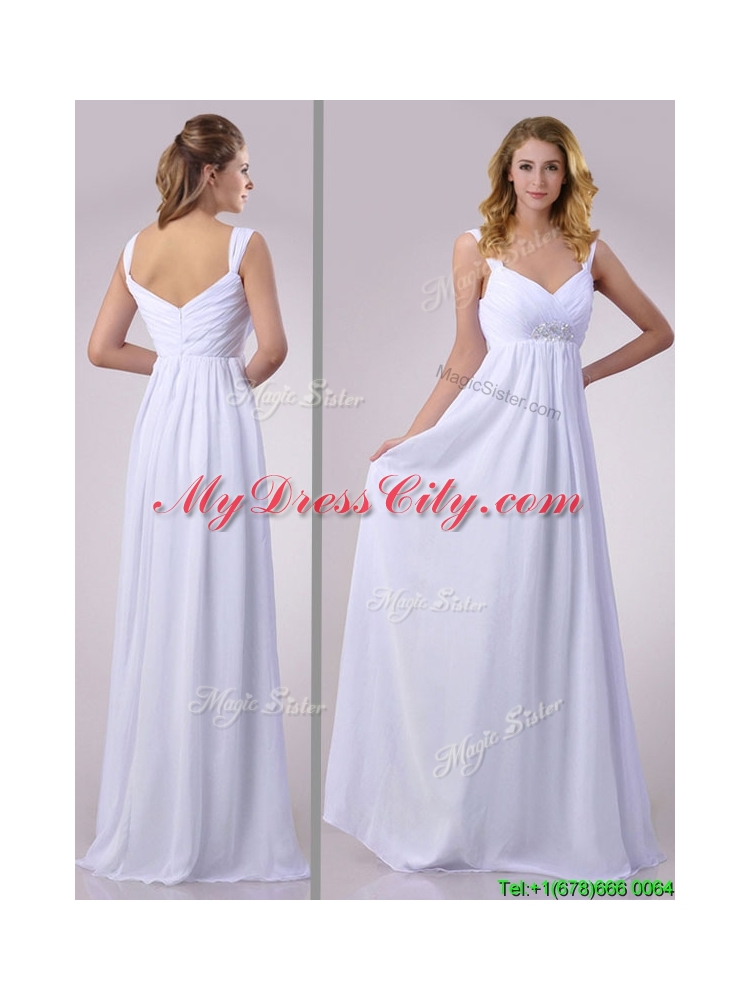 Hot Sale Empire Beaded White Chiffon Bridesmaid Dress with Straps