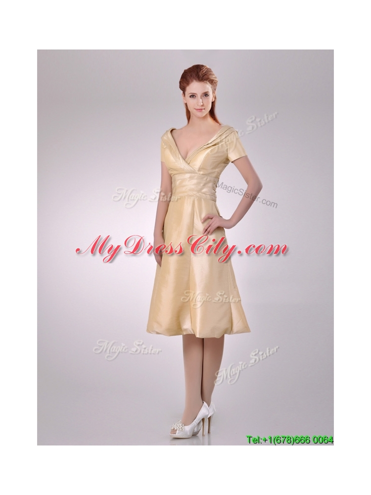 Hot Sale V Neck Champagne Tea Length Prom Dress with Short Sleeves