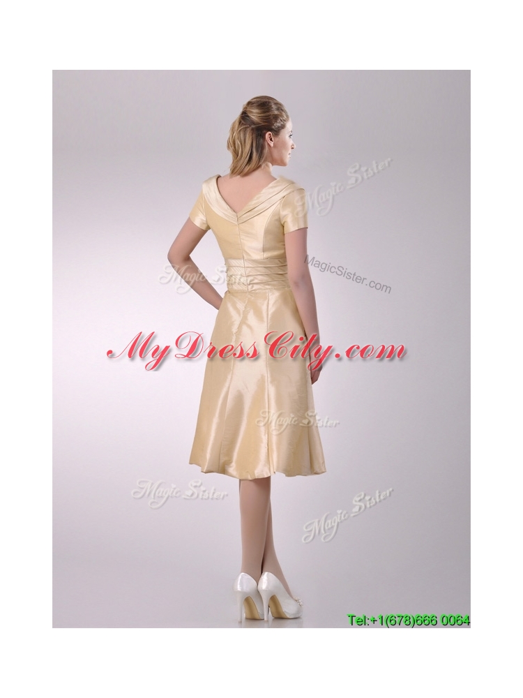 Hot Sale V Neck Champagne Tea Length Prom Dress with Short Sleeves