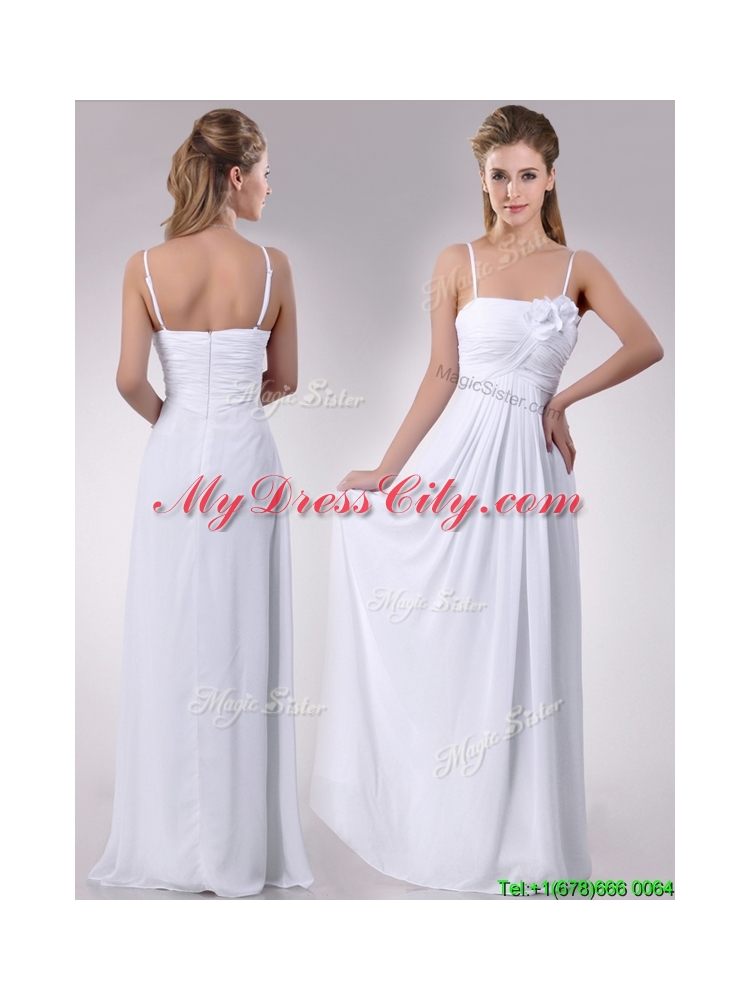 Latest Handcrafted Flower White Bridesmaid Dress with Spaghetti Straps