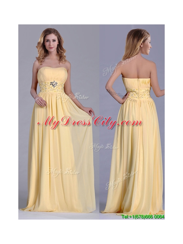 Lovely Empire Yellow Long Dama Dress with Beading and Ruching