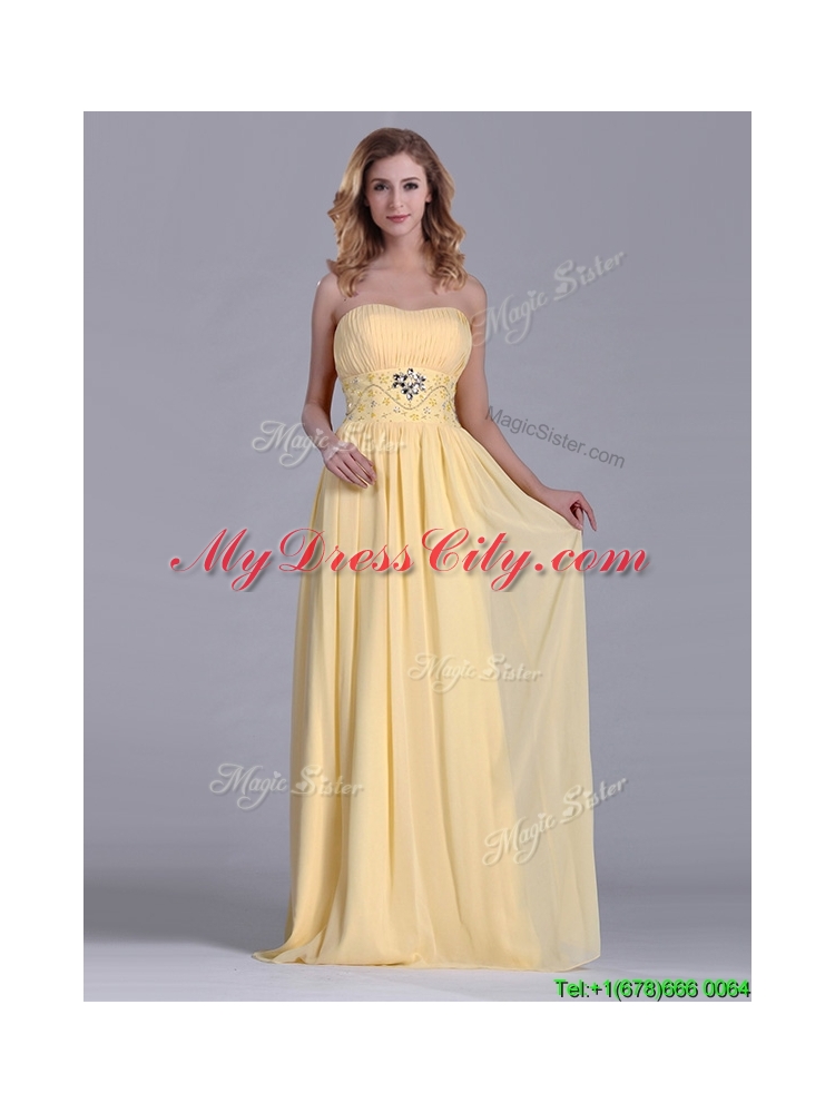 Lovely Empire Yellow Long Dama Dress with Beading and Ruching