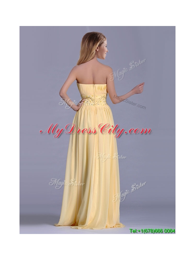 Lovely Empire Yellow Long Dama Dress with Beading and Ruching