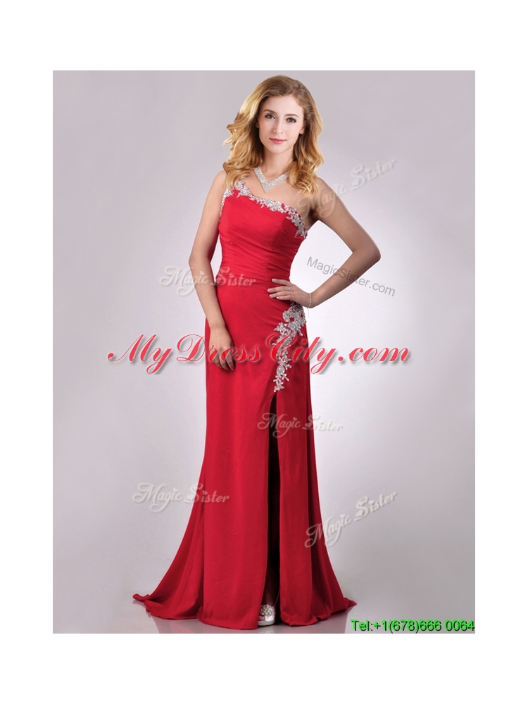 Luxurious Beaded Decorated One Shoulder and High Slit Prom Dress with Brush Train