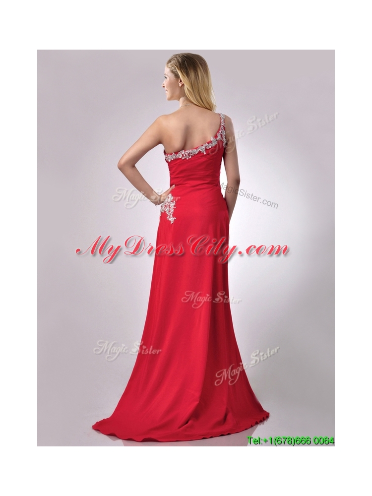 Luxurious Beaded Decorated One Shoulder and High Slit Prom Dress with Brush Train