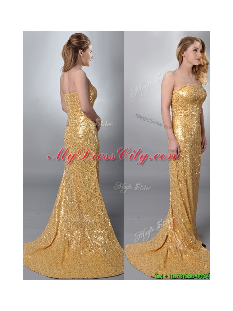 Luxurious Column Strapless Sequined Gold Prom Dress with Brush Train