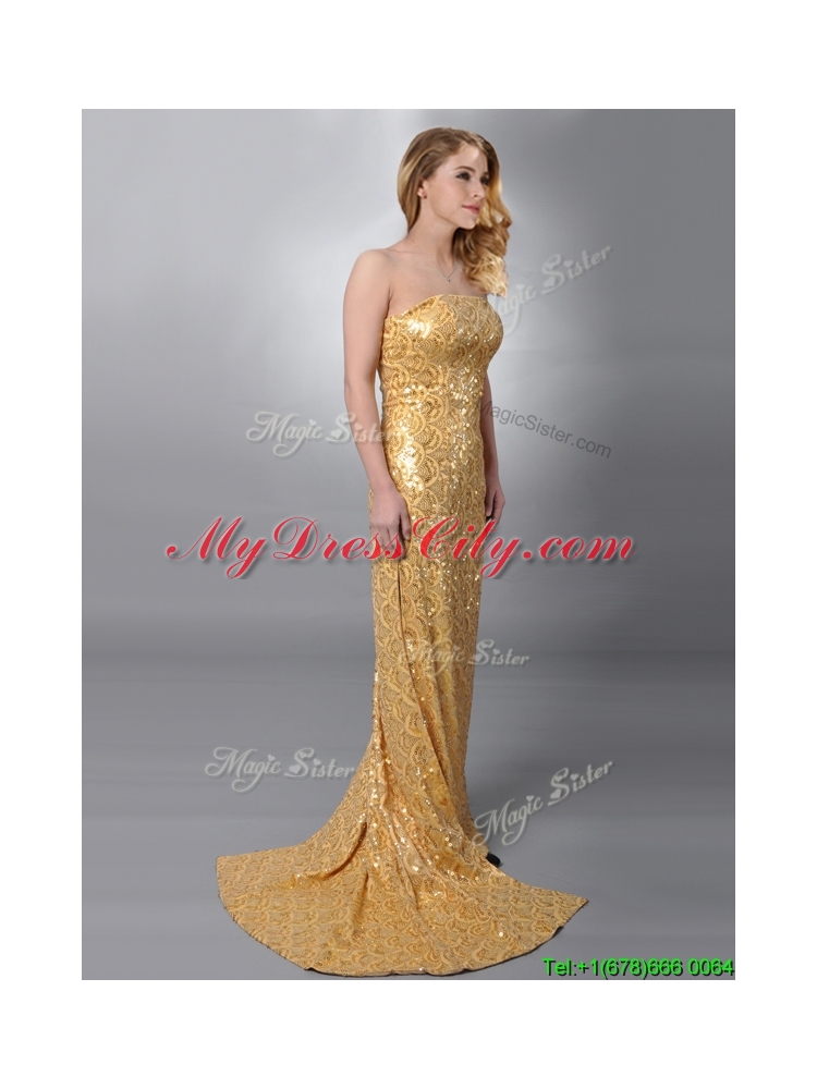 Luxurious Column Strapless Sequined Gold Prom Dress with Brush Train