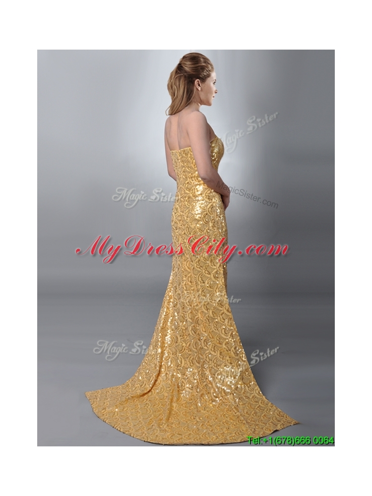 Luxurious Column Strapless Sequined Gold Prom Dress with Brush Train