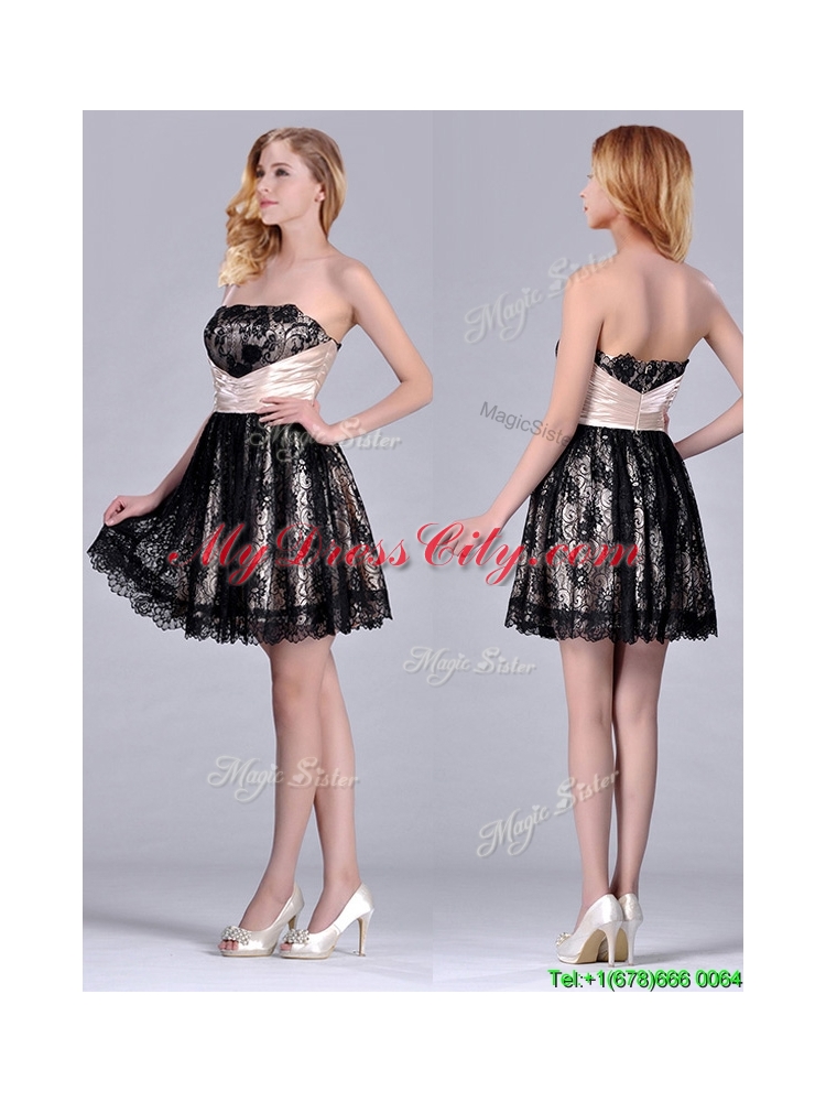 Modern Strapless Black Short Dama Dress with Lace and Belt