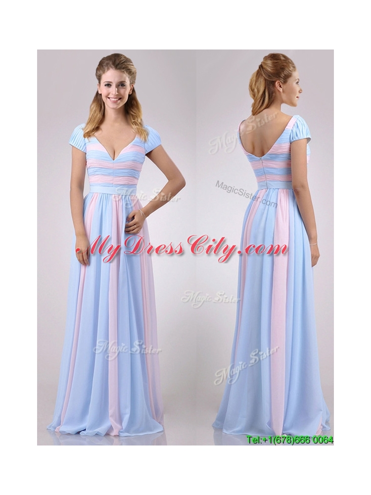 New Deep V Neckline Chiffon Dama Dress in Baby Pink and Light Blue