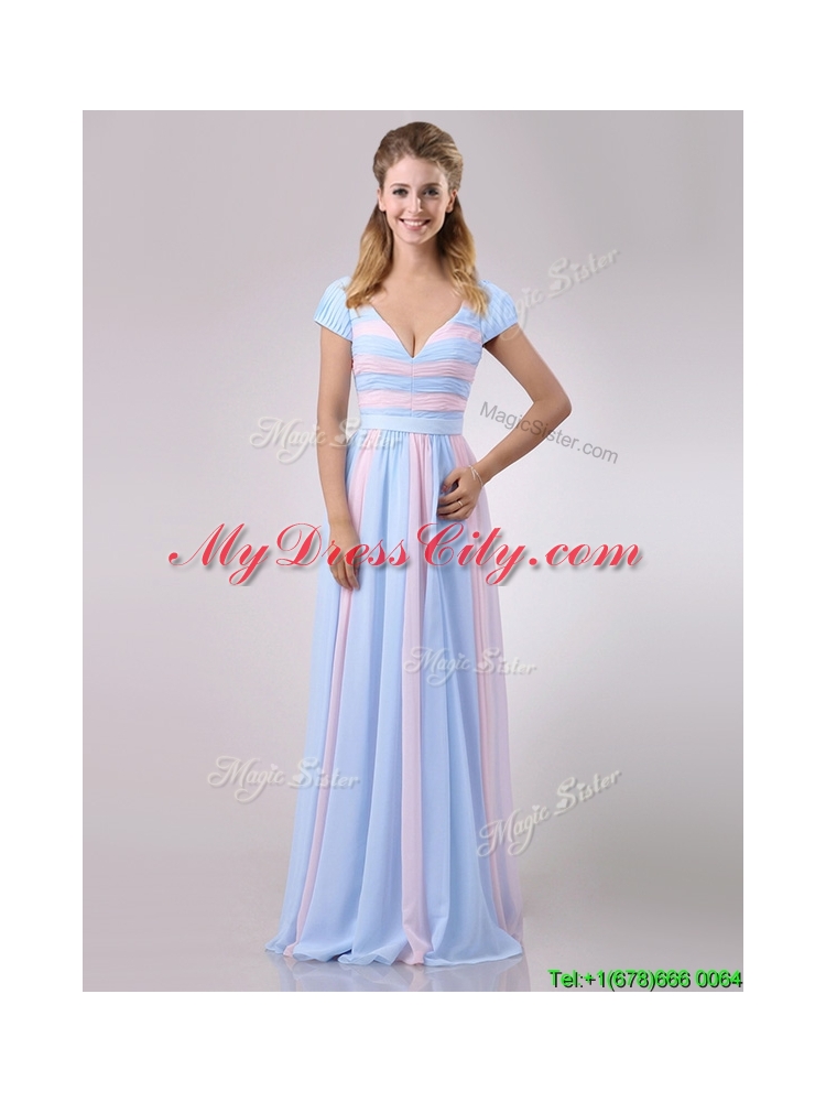 New Deep V Neckline Chiffon Dama Dress in Baby Pink and Light Blue