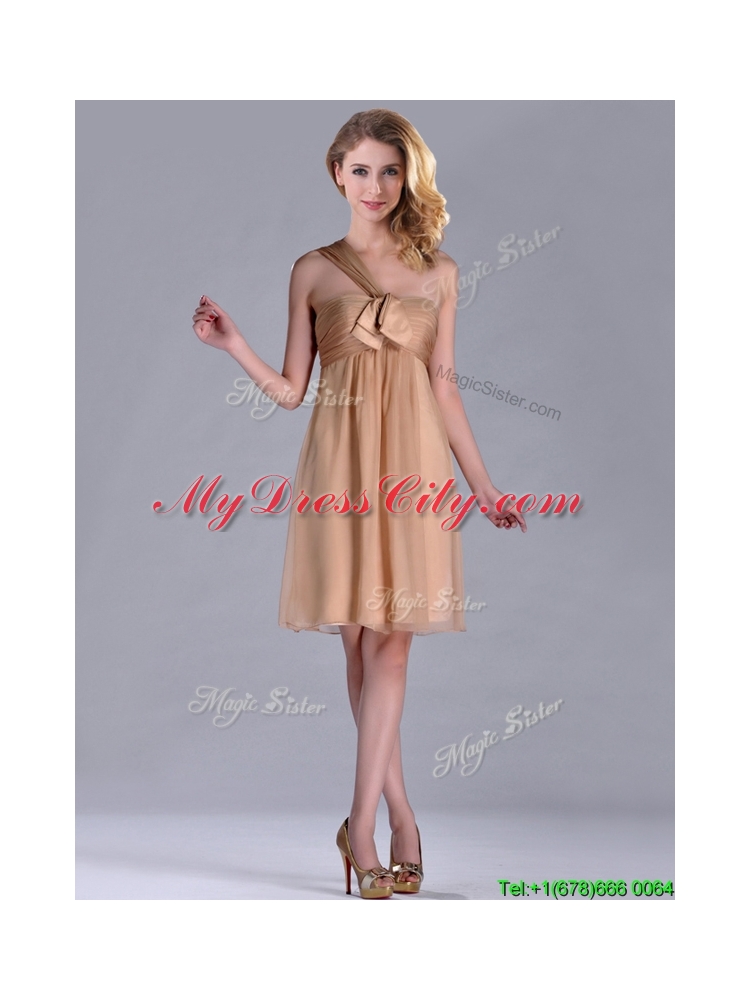 New Style One Shoulder Chiffon Short Prom Dress in Champagne