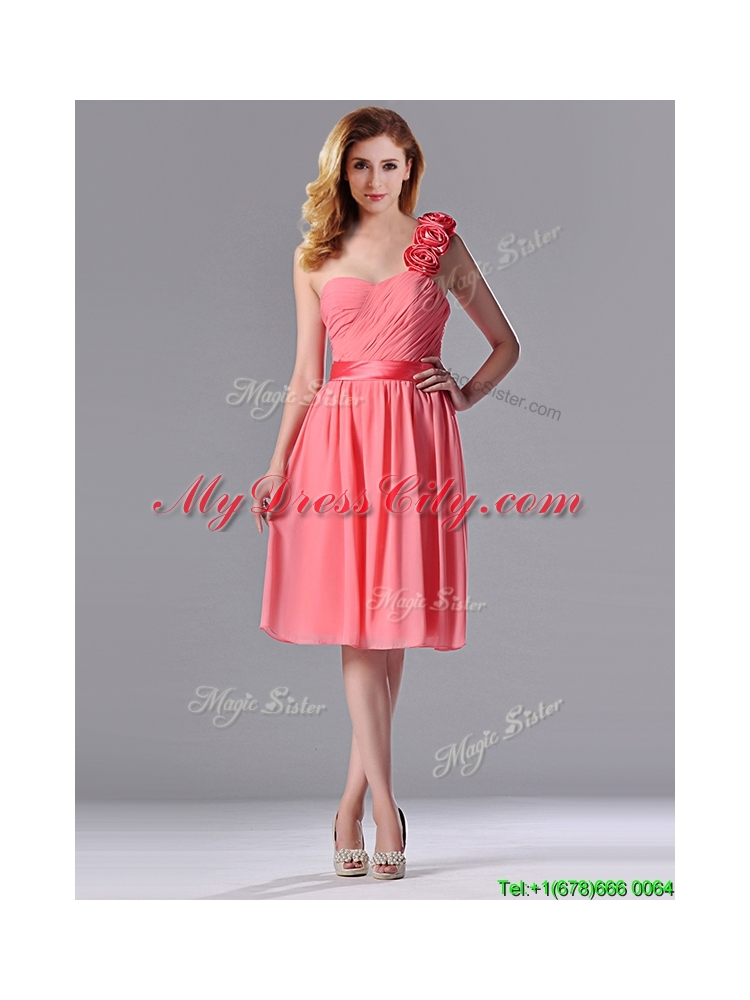 Popular Watermelon  Bridesmaid Dress with Hand Made Flowers Decorated One Shoulder