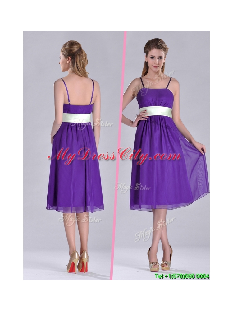 Romantic Spaghetti Straps Belted Eggplant Purple  Dama Dress in Tea Length