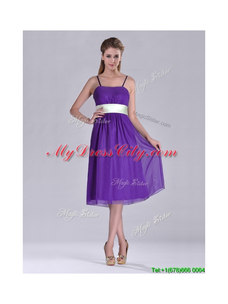 Romantic Spaghetti Straps Belted Eggplant Purple  Dama Dress in Tea Length