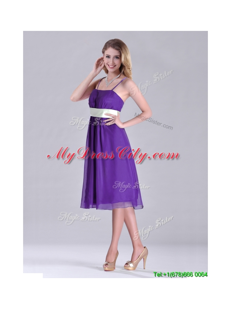 Romantic Spaghetti Straps Belted Eggplant Purple  Dama Dress in Tea Length