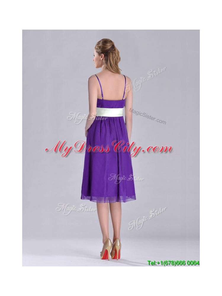 Romantic Spaghetti Straps Belted Eggplant Purple  Dama Dress in Tea Length