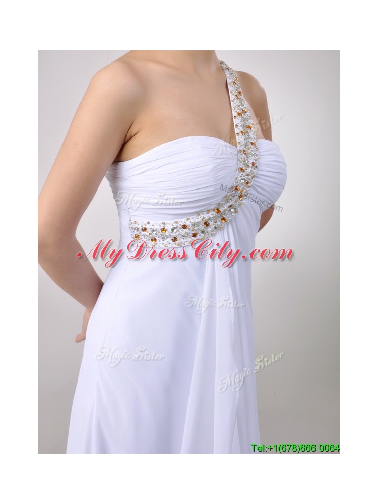 Sexy Empire Chiffon Beaded Side Zipper White Dama Dress with One Shoulder