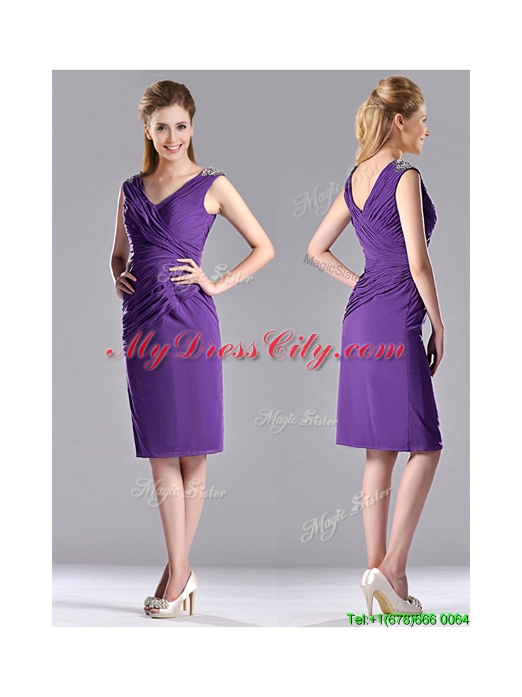 Cheap Column V Neck Knee-length Short Prom Dress in Purple