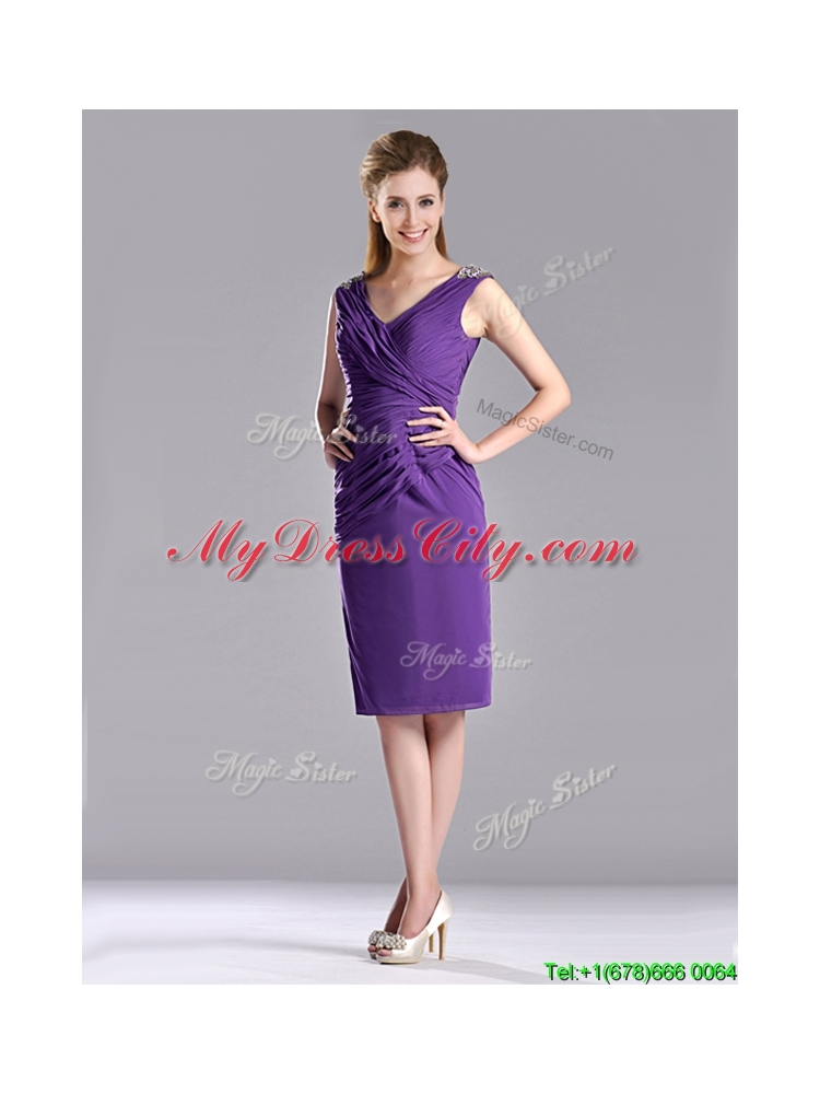 Cheap Column V Neck Knee-length Short Prom Dress in Purple