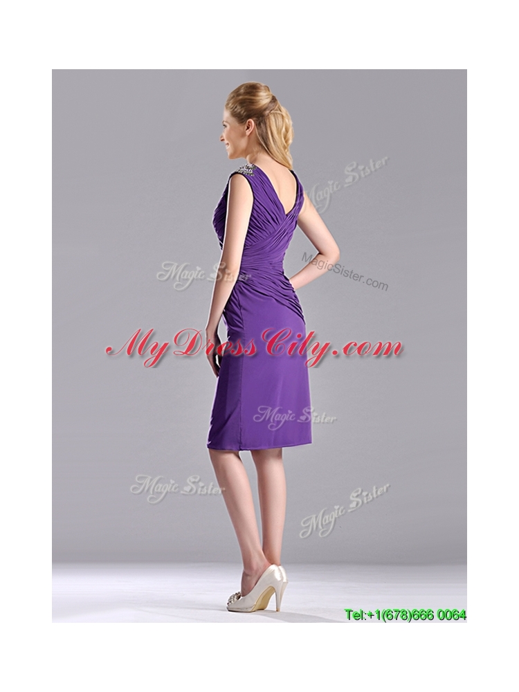 Cheap Column V Neck Knee-length Short Prom Dress in Purple