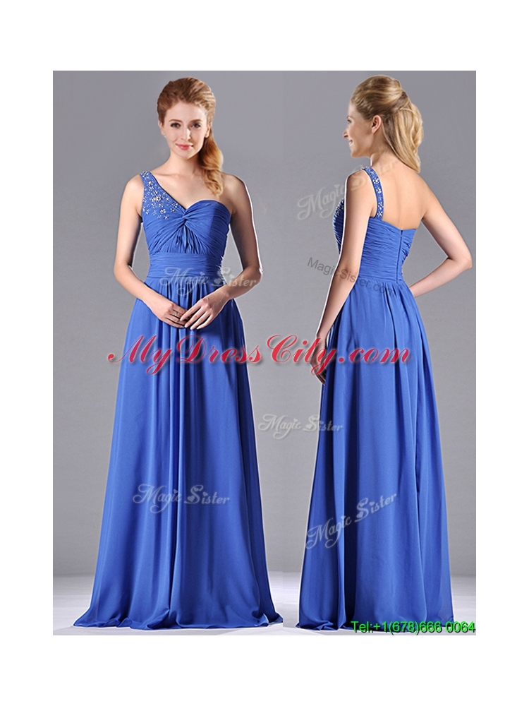 Column Chiffon Beading and Ruching Blue Prom Dress with One Shoulder