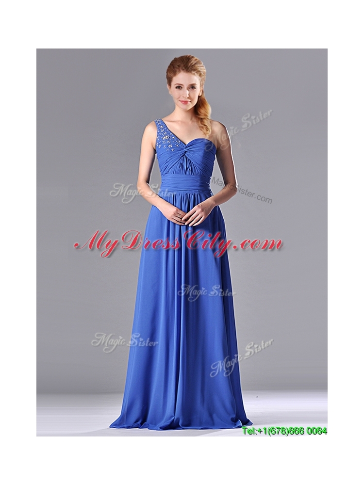 Column Chiffon Beading and Ruching Blue Prom Dress with One Shoulder