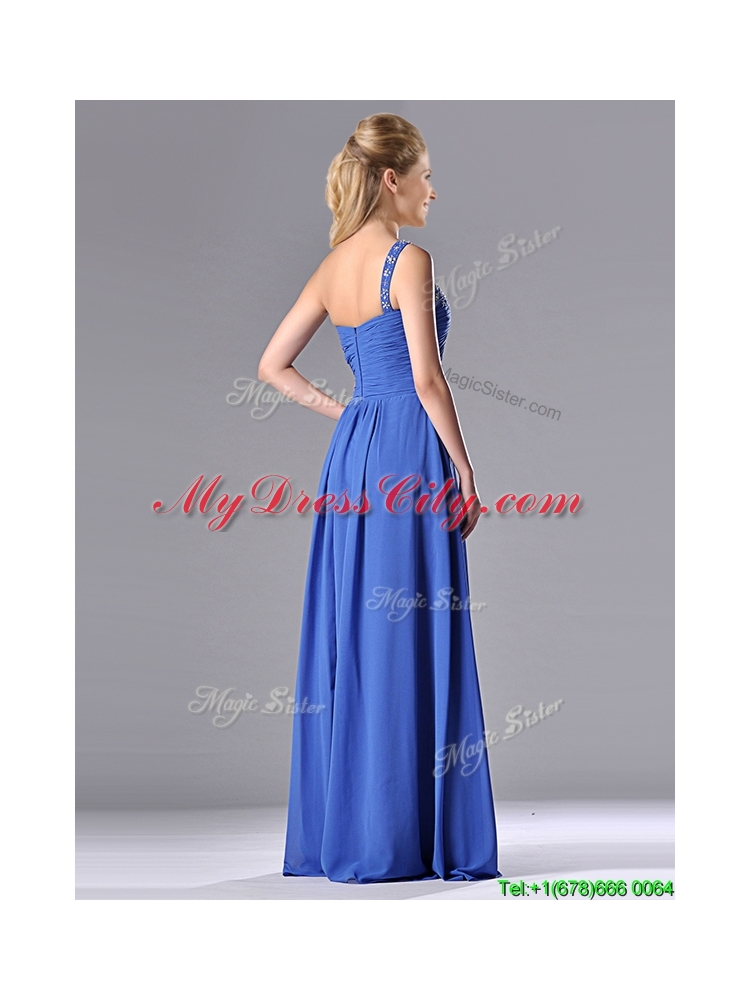 Column Chiffon Beading and Ruching Blue Prom Dress with One Shoulder