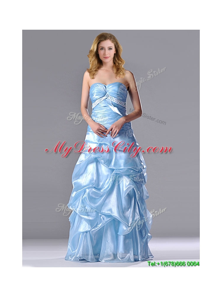 Column Sweetheart Long Light Blue Beaded Ruched Prom Dress in Organza