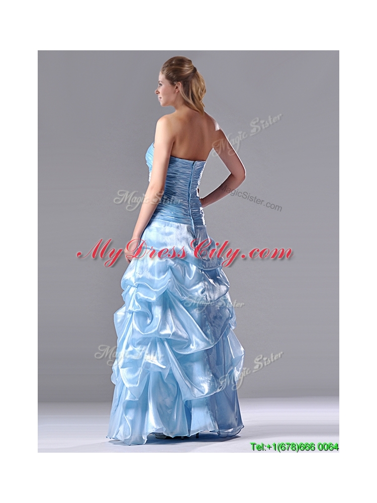 Column Sweetheart Long Light Blue Beaded Ruched Prom Dress in Organza