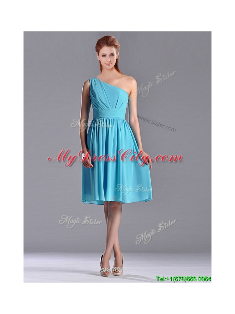 Discount Chiffon Baby Blue Knee Length Dama Dress with One Shoulder