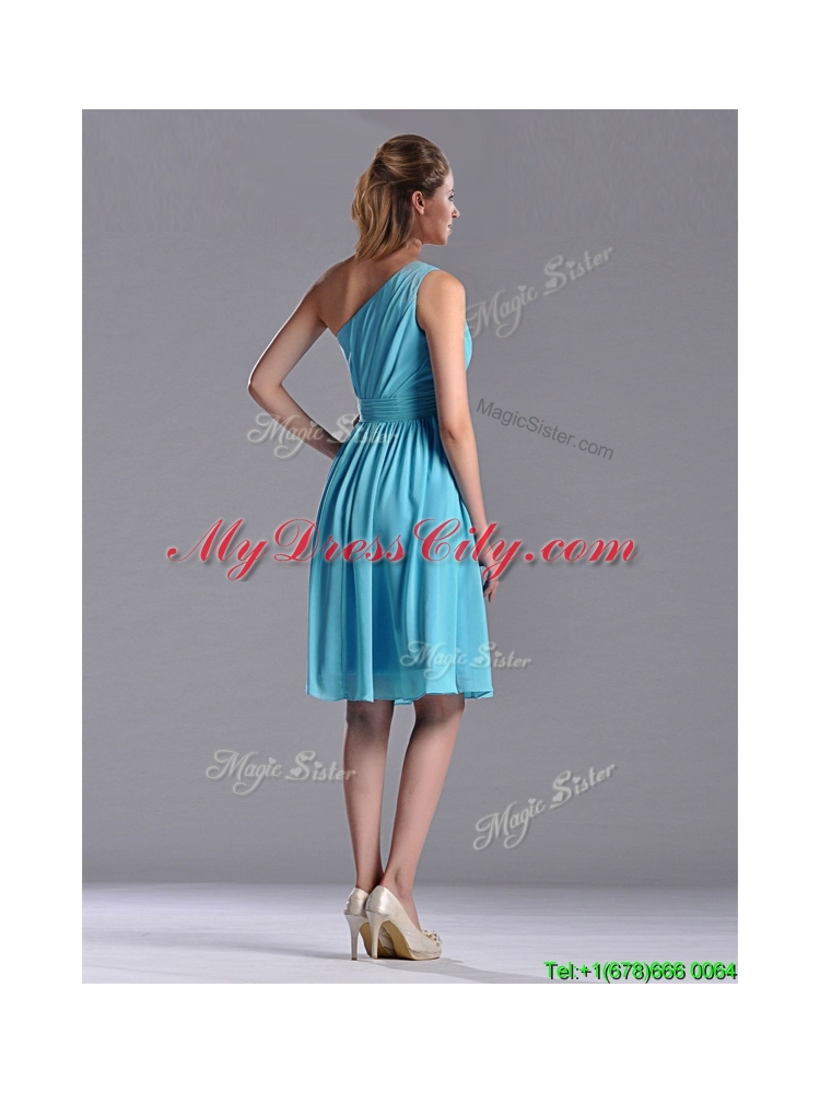 Discount Chiffon Baby Blue Knee Length Dama Dress with One Shoulder