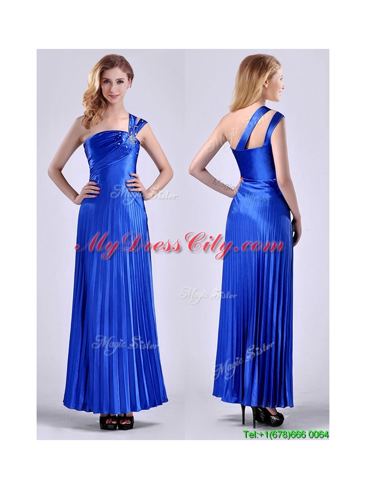 Discount Royal Blue Ankle Length Prom Dress with Beading and Pleats