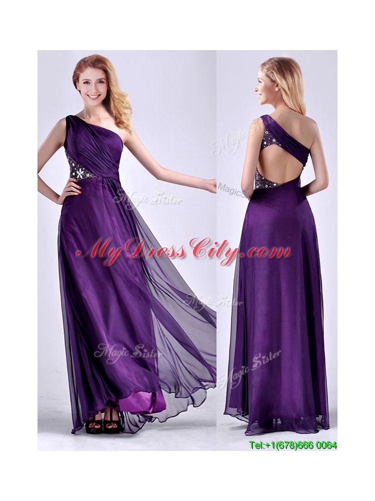 Elegant One Shoulder Criss Cross Purple Prom Dress with Beading