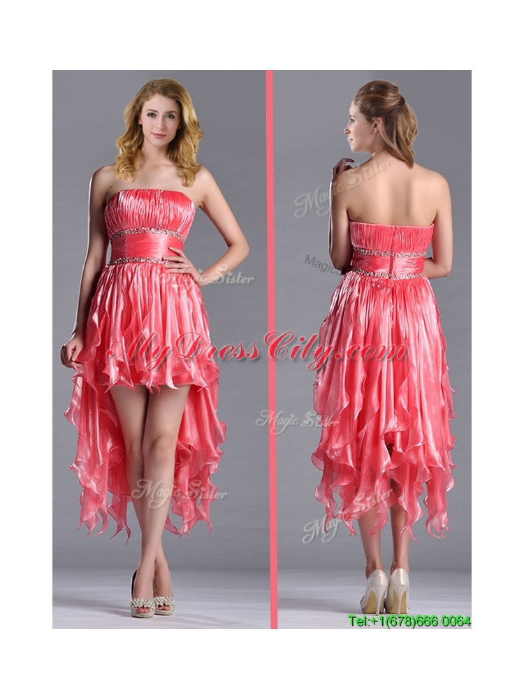 Elegant Strapless High Low Beaded Decorated Waist Prom Dress in Coral Red