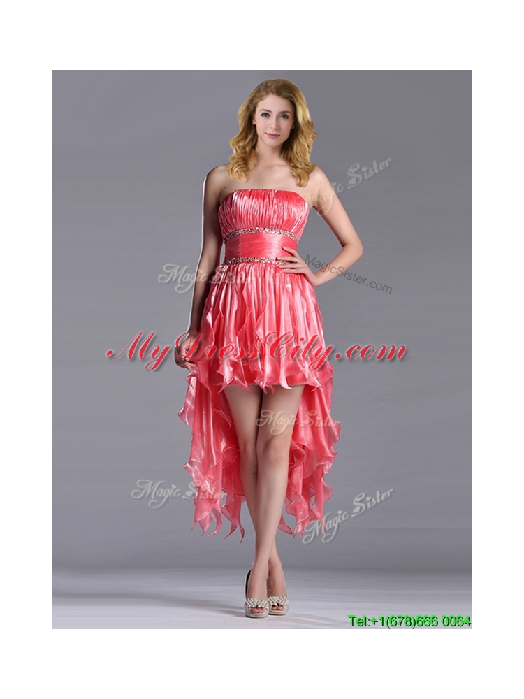 Elegant Strapless High Low Beaded Decorated Waist Prom Dress in Coral Red