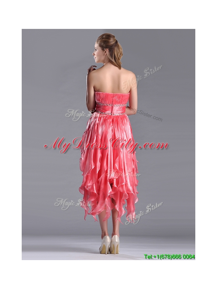 Elegant Strapless High Low Beaded Decorated Waist Prom Dress in Coral Red